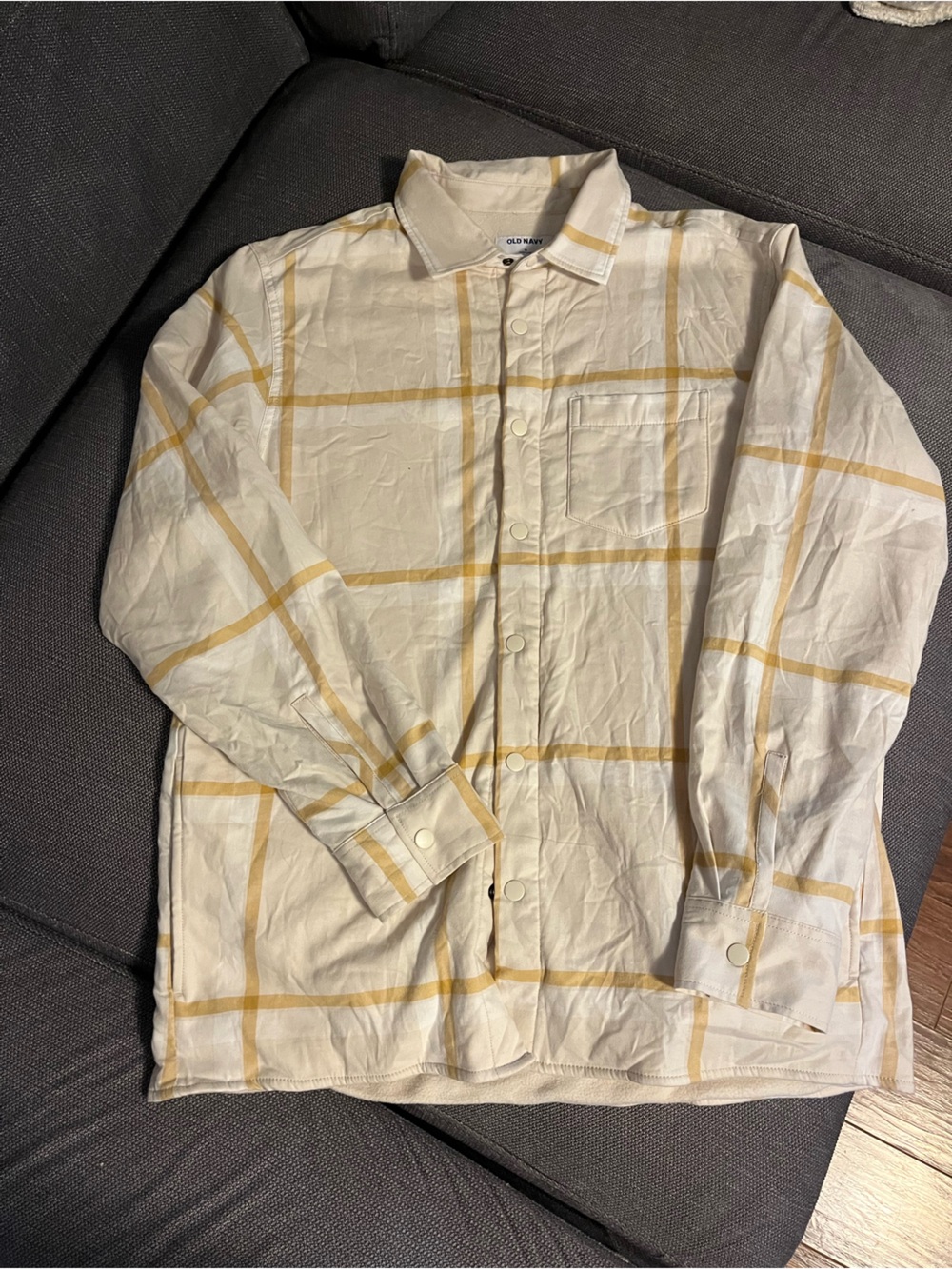 Old Navy Cream Shirt Jacket with Yellow Windowpane Plaid